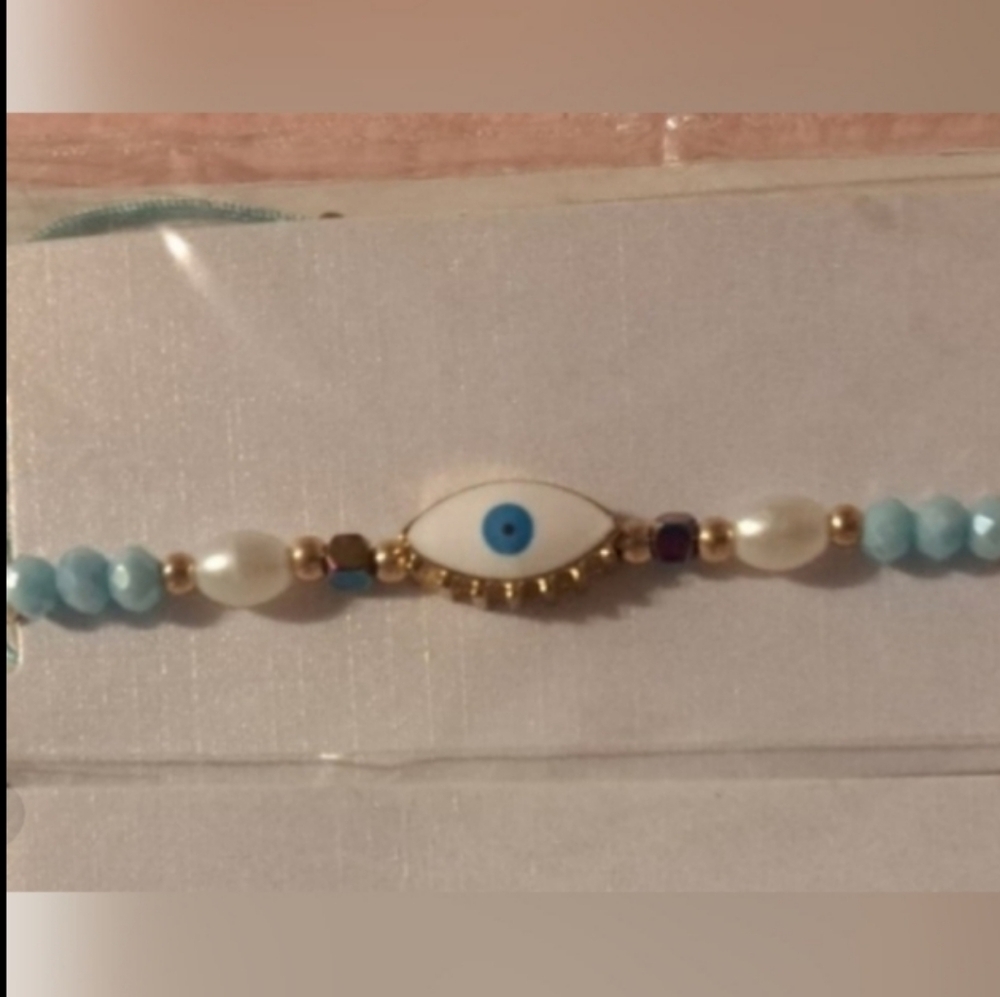 Evil Eye Bracelet - Color beads & pearls avail in Pink,Blue,Blk,Ivory, NEW